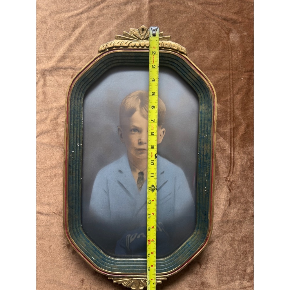 Antique Bubble Glass Frame with Portrait Young Boy Victorian Gold Green Wood - Picture 13 of 14